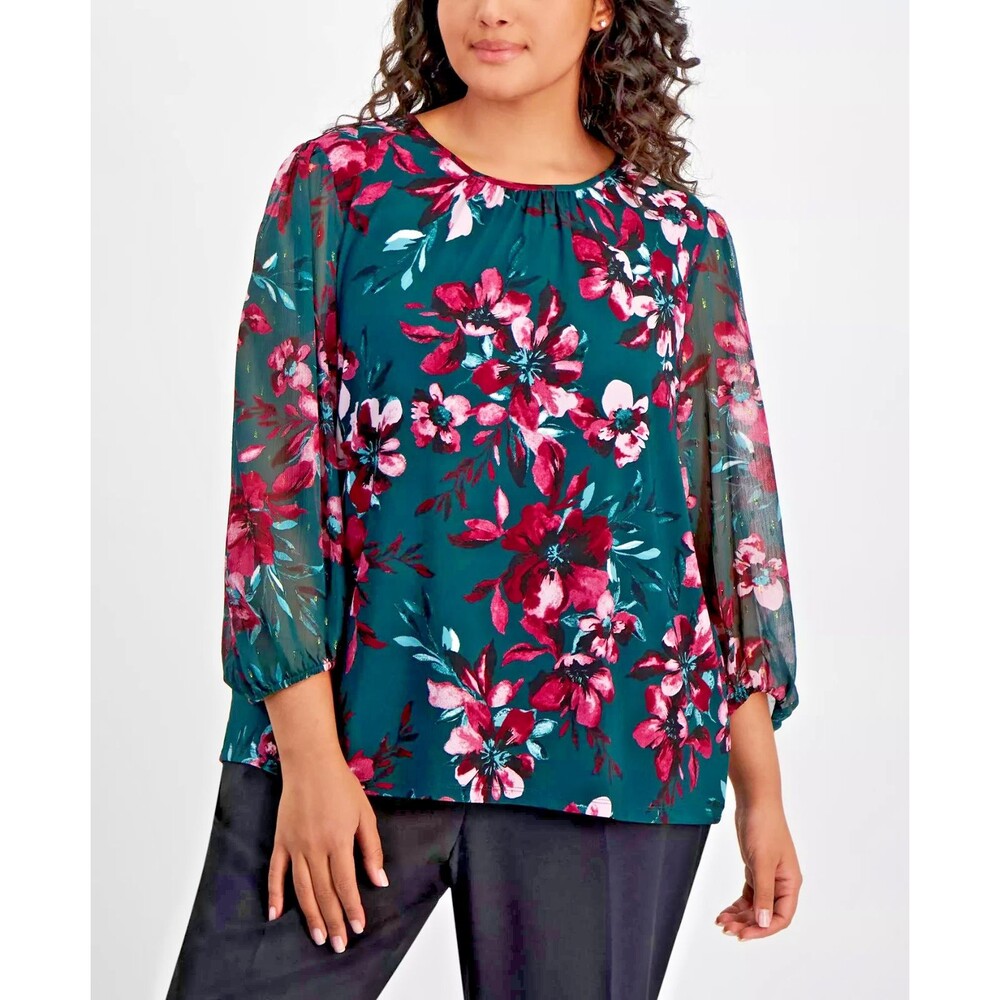 Kasper Women's Plus Size Floral Print Mixed-Media Top Blouse Green Plum Multi 1X